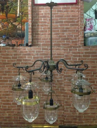 Hanging Lamp 6 arm Code AT300A material brass with glass size wide 70 cm.